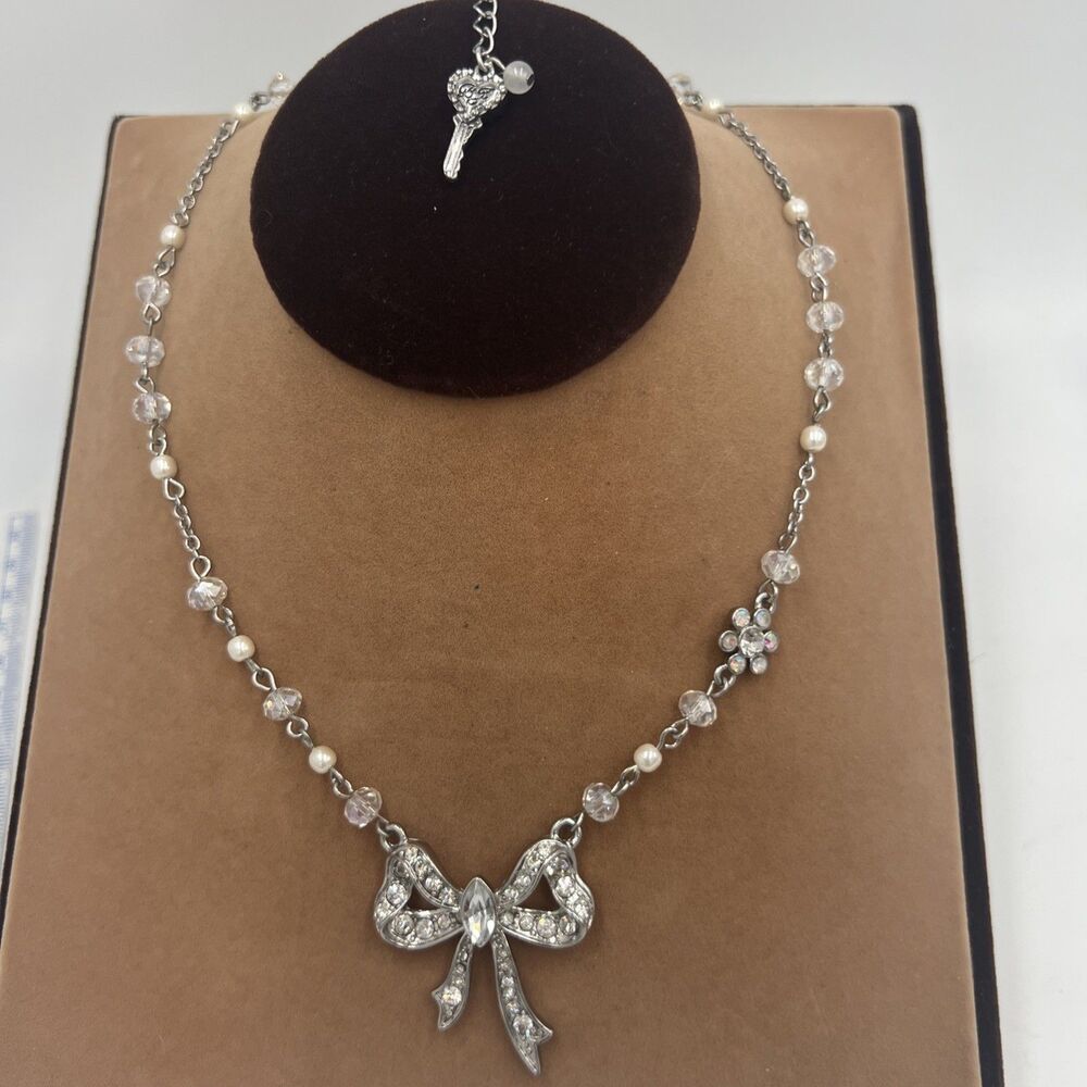 Betsey Johnson Vintage Silver Tone Bow Rhinestone Floral Key Crystal Necklace